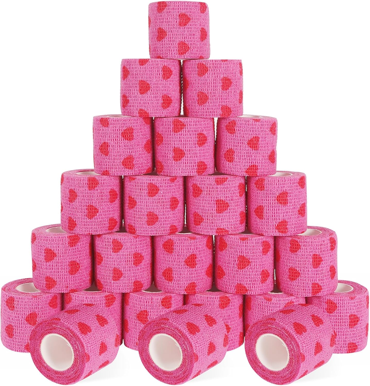 24 Pack Self Adhesive Vet Wrap & Medical Tape, 2 Inch x 5 Yards Cohesive Bandage Wrap - Pink Heart Grip Tape for Ankle, Wrist Sprains, Sports, Pet First Aid