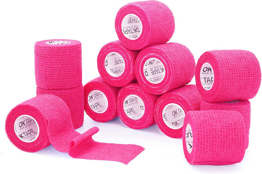 OK TAPE Self Adherent Cohesive Bandages Wrap - 12Packs, 2" x 5 Yards, Non-Woven Self Adhesive Bandage Wrap for Thumb, Finger, Wrist, Ankle, Vet Wrap Bandages Tape (Bright Pink)