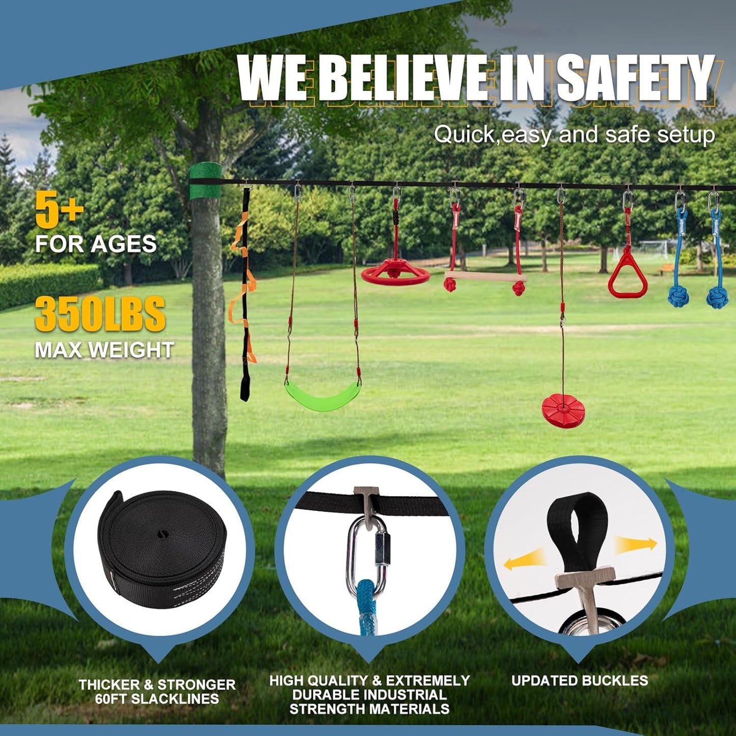 Slsy 60FT Ninja Warrior Obstacle Course (13 Obstacles), Ninja Slackline Kit for Kids, Durable Playset Equipment with 13 Most Complete Set-Monkey Bar,Swing, Balance Belt, Climbing Ladder & Net