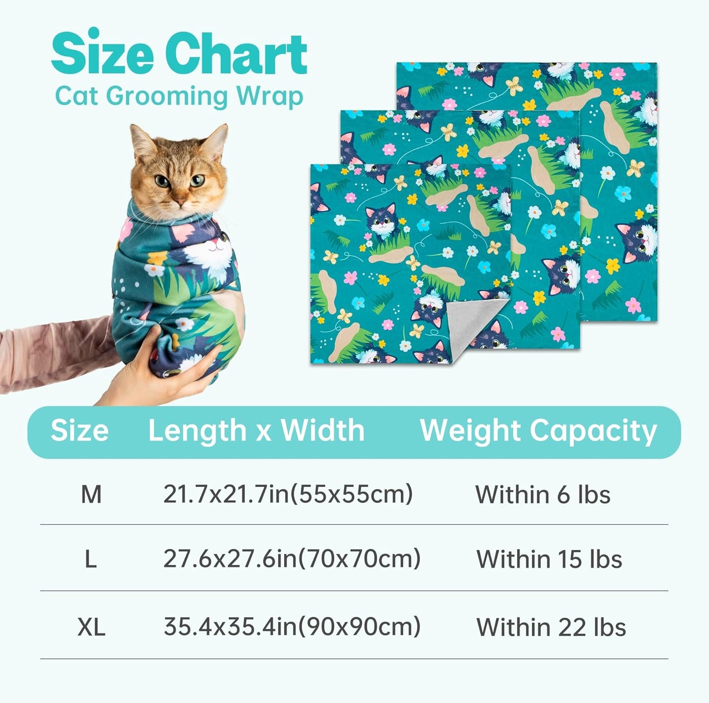 Cat Grooming Wrap, Cat Wrap for Cutting Nails, Self-Adherent Fabric Wrap for Cats, Cat Burrito Wrap Anti-Scratch, Anti-Escape, Multifunctional Swaddle Wrap Pet Tool 21.6×21.6"