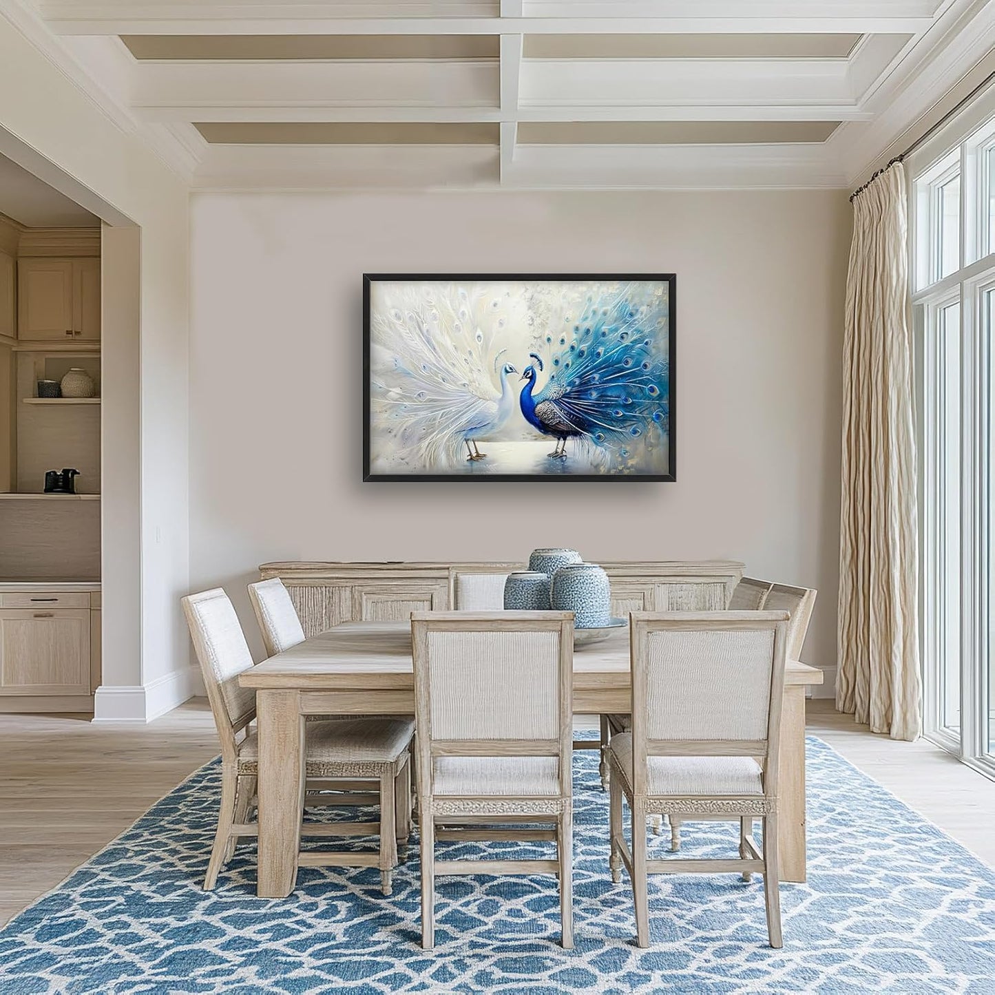 Quorin Peacock Large Wall Art Blue and White Pictures Elegant Animal Wall Decor Canvas Print Painting Artwork for Bathroom Living Room Bedroom 36L x 24W