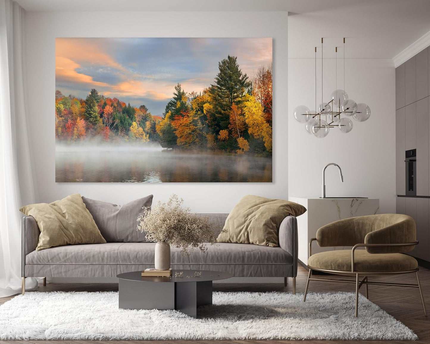 Nature Wall Art Prints - Ocean Forest Mountain Lake Canvas Landscapes - Small to Extra Large Living Room Bedroom Kitchen Bathroom Décor (Misty Fall Reflection, 35L" x 53W")