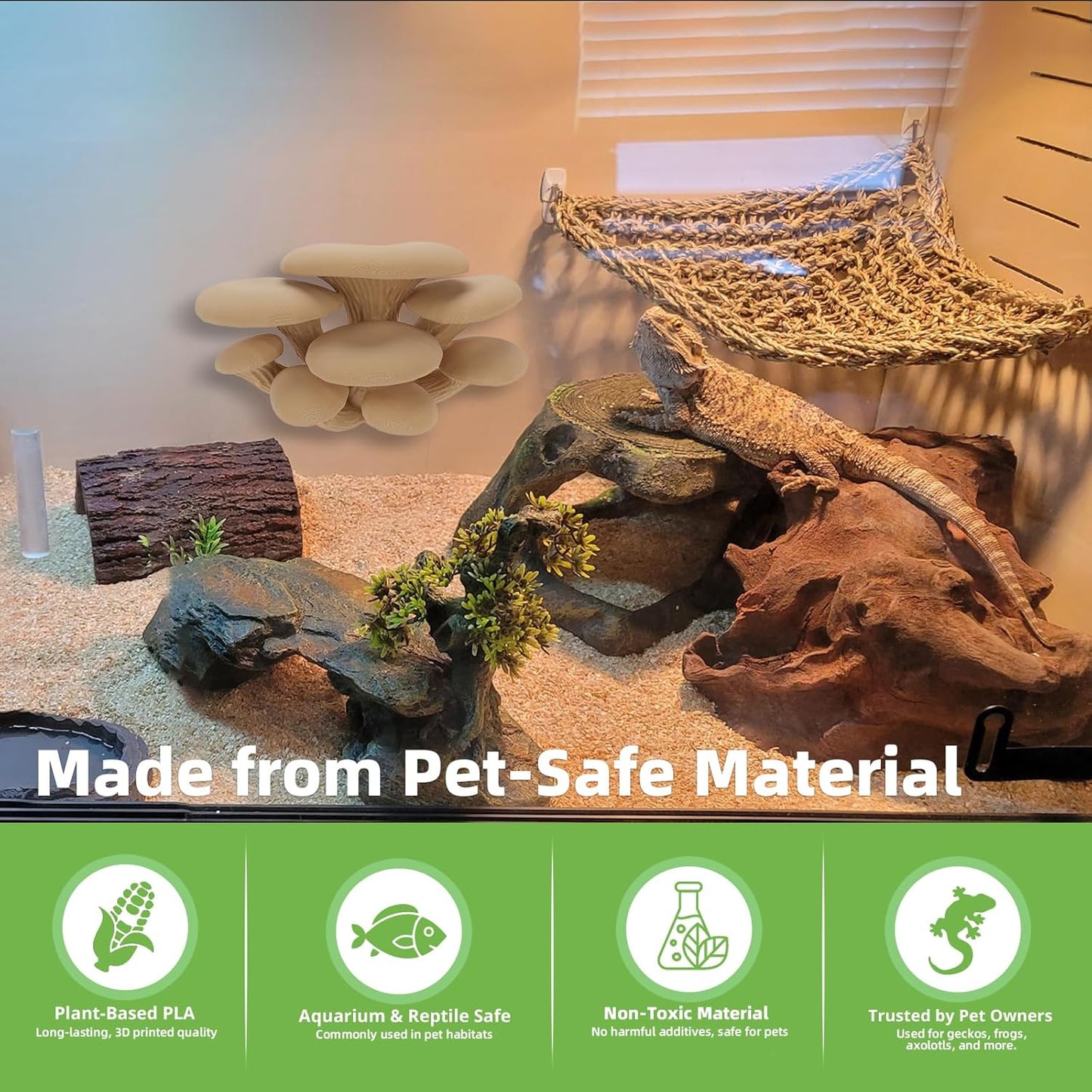 Mushroom Decor for Reptile Tank, Fish Tank, Pet-Safe Bearded Dragon Tank Accessories, Realistic Terrarium Plants for Leopard Geckos, Crested Geckos, Tree Frogs, Snakes (Cocoa, Cluster Cap)