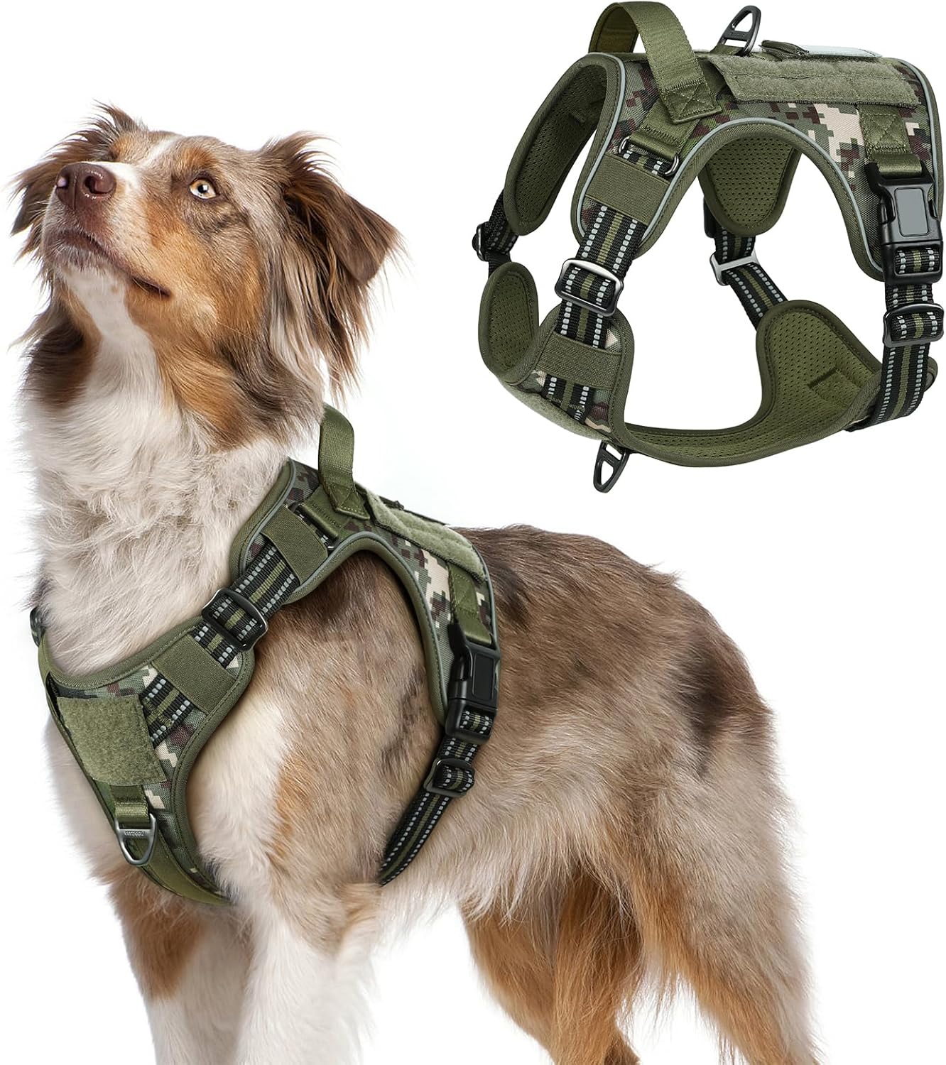 rabbitgoo Tactical Dog Harness Medium Sized Dog, No Pull Military Service Vest with Handle & Molle, Easy Control for Training Walking, Adjustable Reflective Straps, Green camo, M