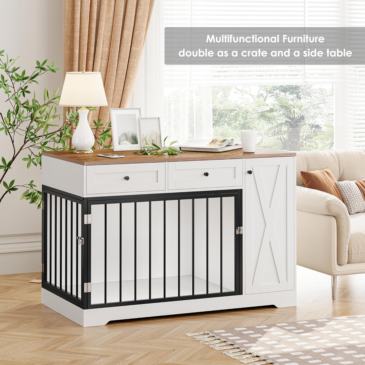 Dog Crate Furniture Kennel with Double Doors Wooden Pet House with 2 Drawers and Storage Cabinet, Indoor Dog Cage Farmhouse Modern Side End Table for Small Medium Dogs, White