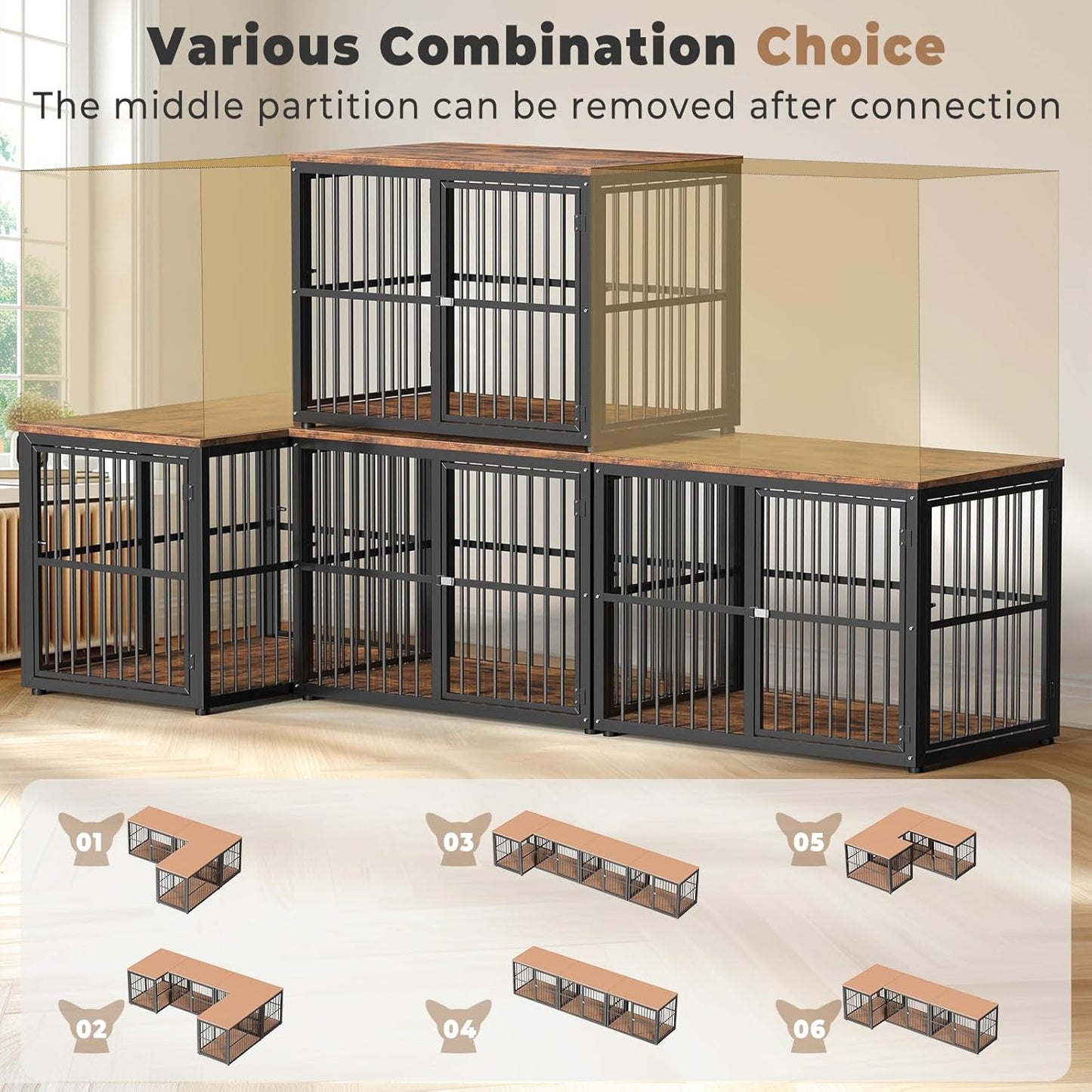 Lyromix 43'' Dog Crate Furniture with 3 Doors, XL Wooden Crate End Table Heavy Duty Indoor Puppy Cage for Medium to Large Dogs, Multiple Units Can be Combined