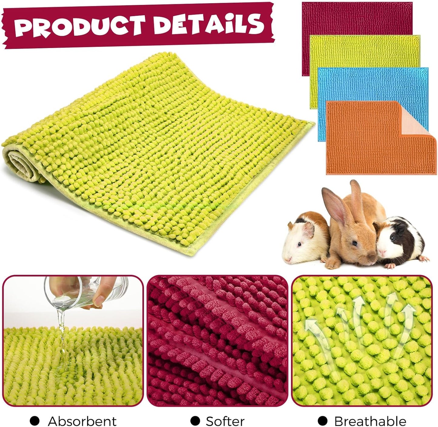 Barydat 8 Pcs Guinea Pig Cage Liner for Guinea Pig Cage Bedding Reusable Rabbit Mat Pad Washable Training Pad Animal Sleeping Bedding Mat(24x16'',Champagne, Lake Blue, Dark Purple, Grass Green)