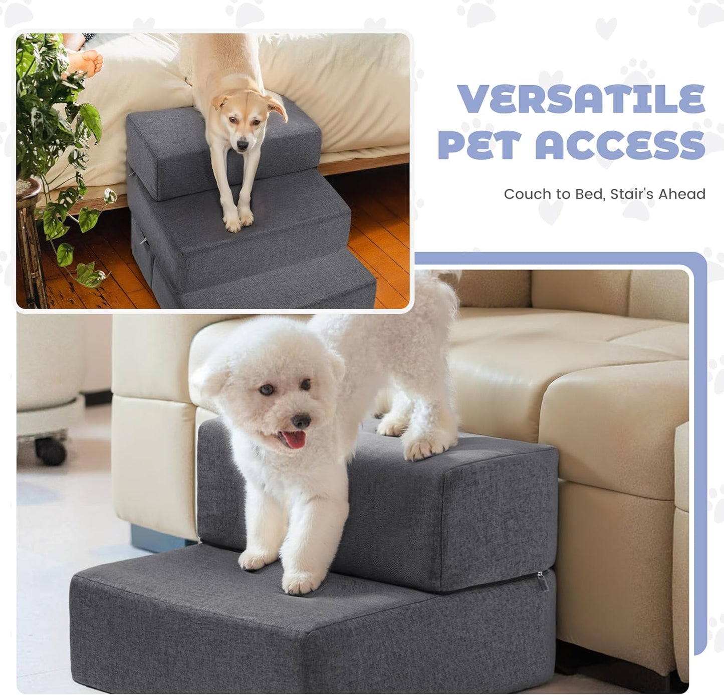 Foldable 18 Inch Wide Dog Stairs for Small Dogs, 12 Inch Height Foam Dog Steps for Bed & Couch, Linen Covered Pet Stairs for Dogs to Get on Bed, Indoor Foam Pet 2 Steps for for Cat and Puppy