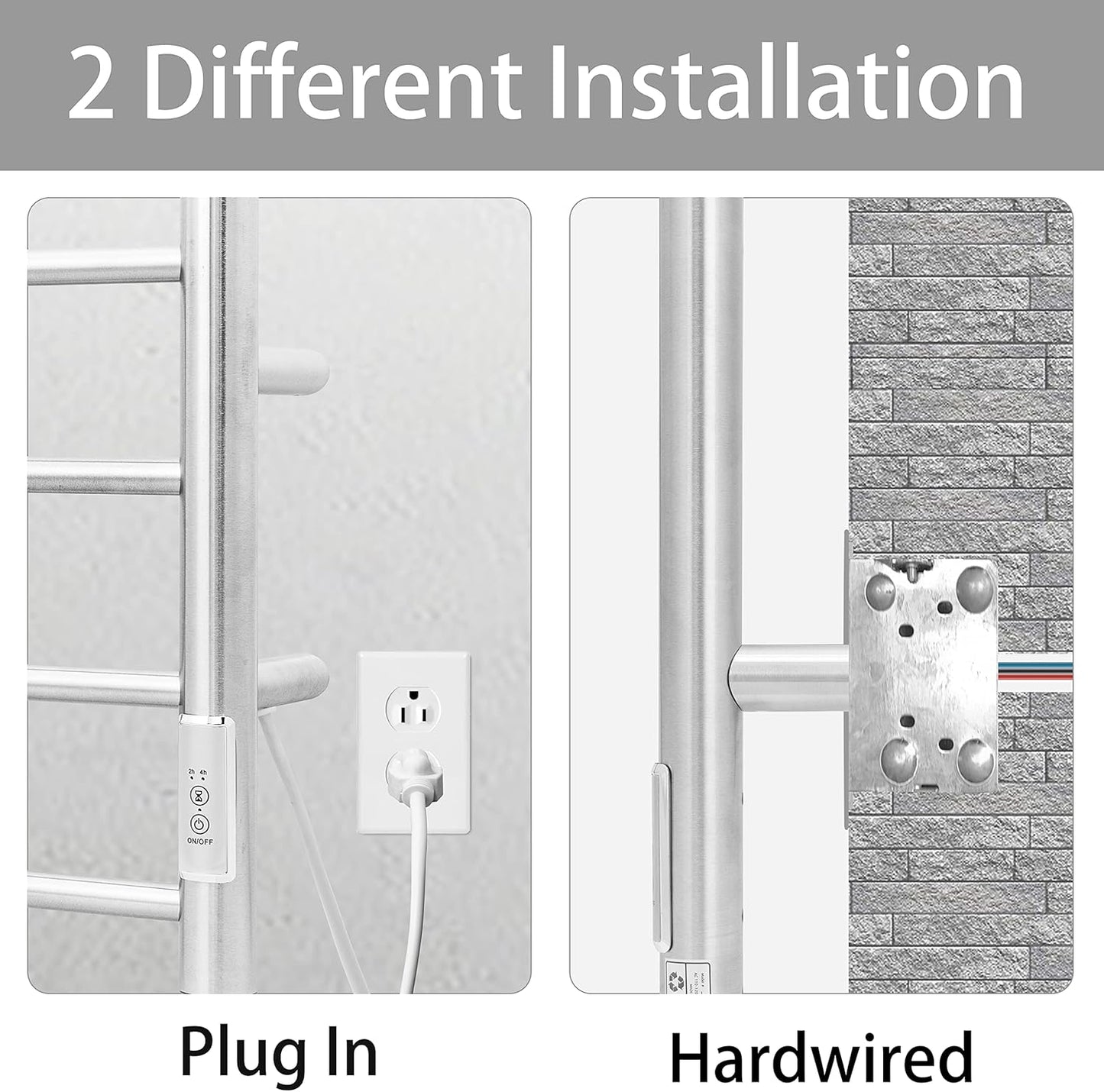 KEG Towel Warmer Wall Mounted with Built-in Timer 8 Bars Electric Stainless Steel Heated Towel Racks for Bathroom, Hot Plug-in Bath Towel Heater Brushed Nickel (TW-8-BN)