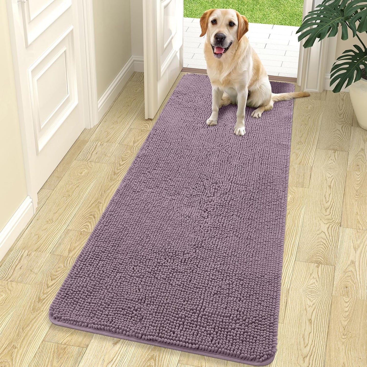 OLANLY Dog Door Mat for Muddy Paws 70x24, Absorbs Moisture and Dirt, Absorbent Non-Slip Washable Doormat, Quick Dry Chenille Mud Mat for Dogs, Entry Indoor Entryway Carpet for Inside Floor, Deep Plum