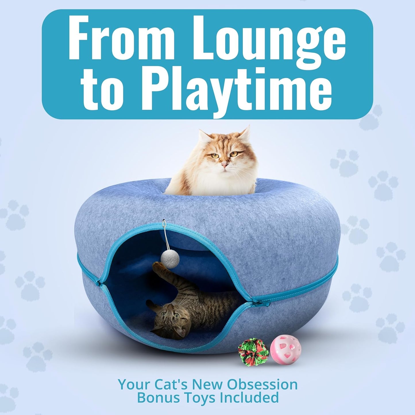 Okoco Cat Tunnel Bed for Indoor Cats Large, 24" Peekaboo Cat Cave Donut Bed for Pets up to 45lbs, 2-in-1 Round Tube with Hanging Ball Toy & Removable Machine Washable Parts (Light Blue)