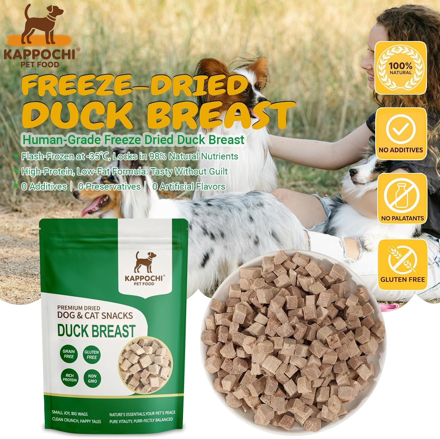 Freeze-Dried Duck Dog Treats, 3.5oz(100.0g), 100% Single Ingredient, High Protein Training Treats, Natural & Raw, No Additives, Grain Free, Gluten Free