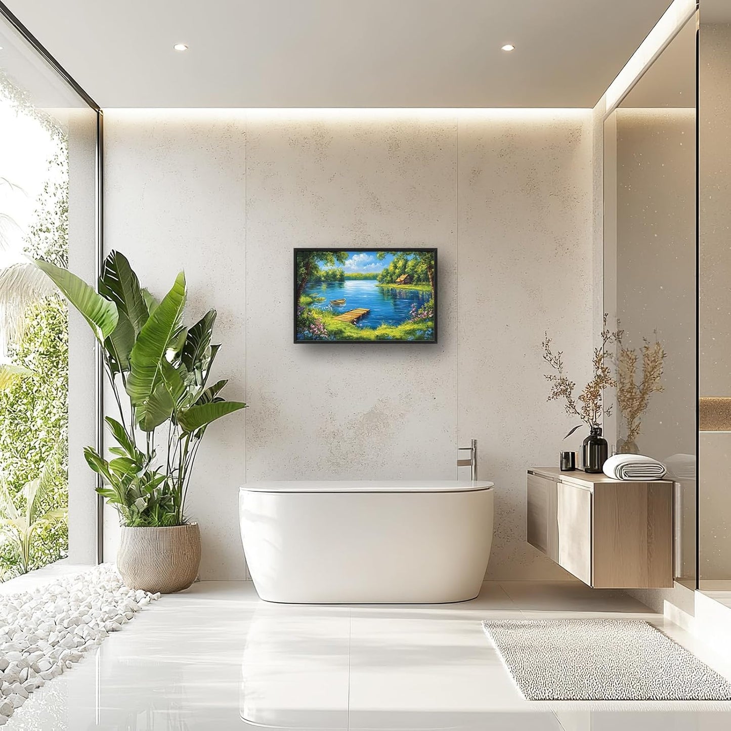 Large Lake Cabin Wall Art for Living Room, Framed Oversized Tree Boat Wildflowers Wall Decor Nature Landscape Canvas Painting Modern Artwork for Bathroom Bedroom Office Dining Room 36"x24"