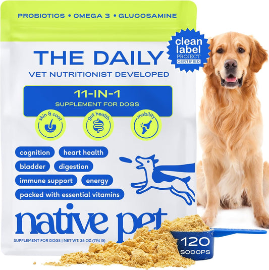 Native Pet Dog Vitamins & Supplements - 11-in-1 Multivitamin Powder for Dogs Food Topper - Collagen, Glucosamine, Probiotics, Omega & More- Supports Healthy Gut, Mobility & Overall Health -120 Scoops