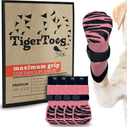 DOK TigerToes Premium Non-Slip Dog Socks for Hardwood Floors - Extra-Thick Grip That Works Even When Twisted - Prevents Licking, Slipping, and Great for Dog Paw Protection (XXS, Sassy Pink)