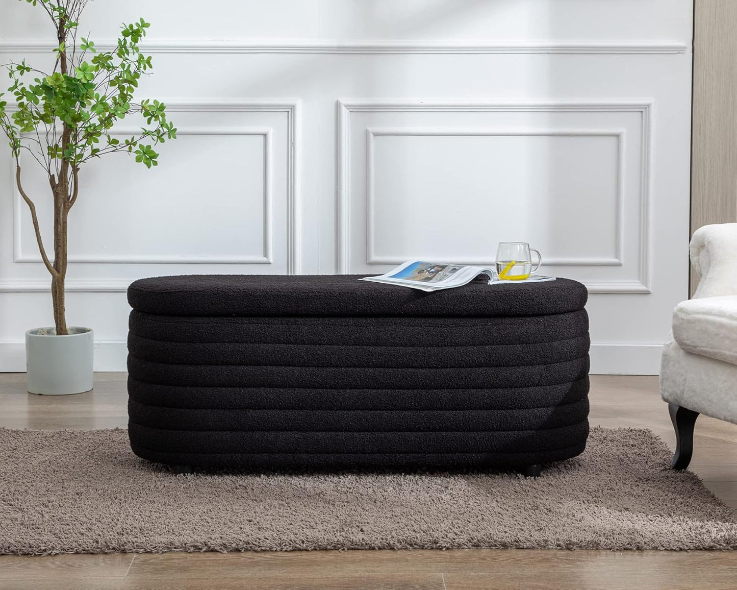 Storage Ottoman Bench Upholstered Fabric Storage Bench End of Bed Stool with Safety Hinge for Bedroom, Living Room, Entryway (45.5-inch, Black)