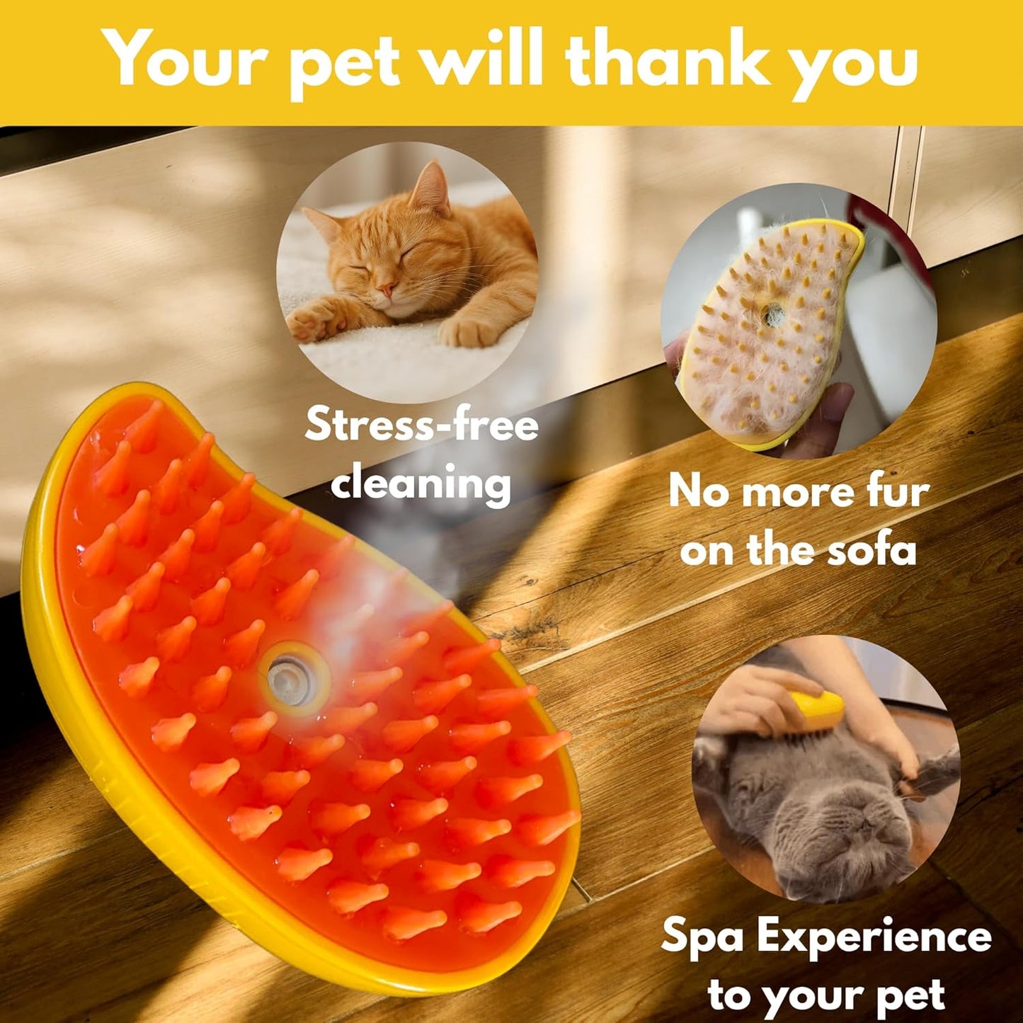 Steam Cat Brush for Indoor Cats – Mist Spray Comb for Shedding & Hair Removal | Silicone Pet Grooming Tool for Long-Haired Cats & Dogs