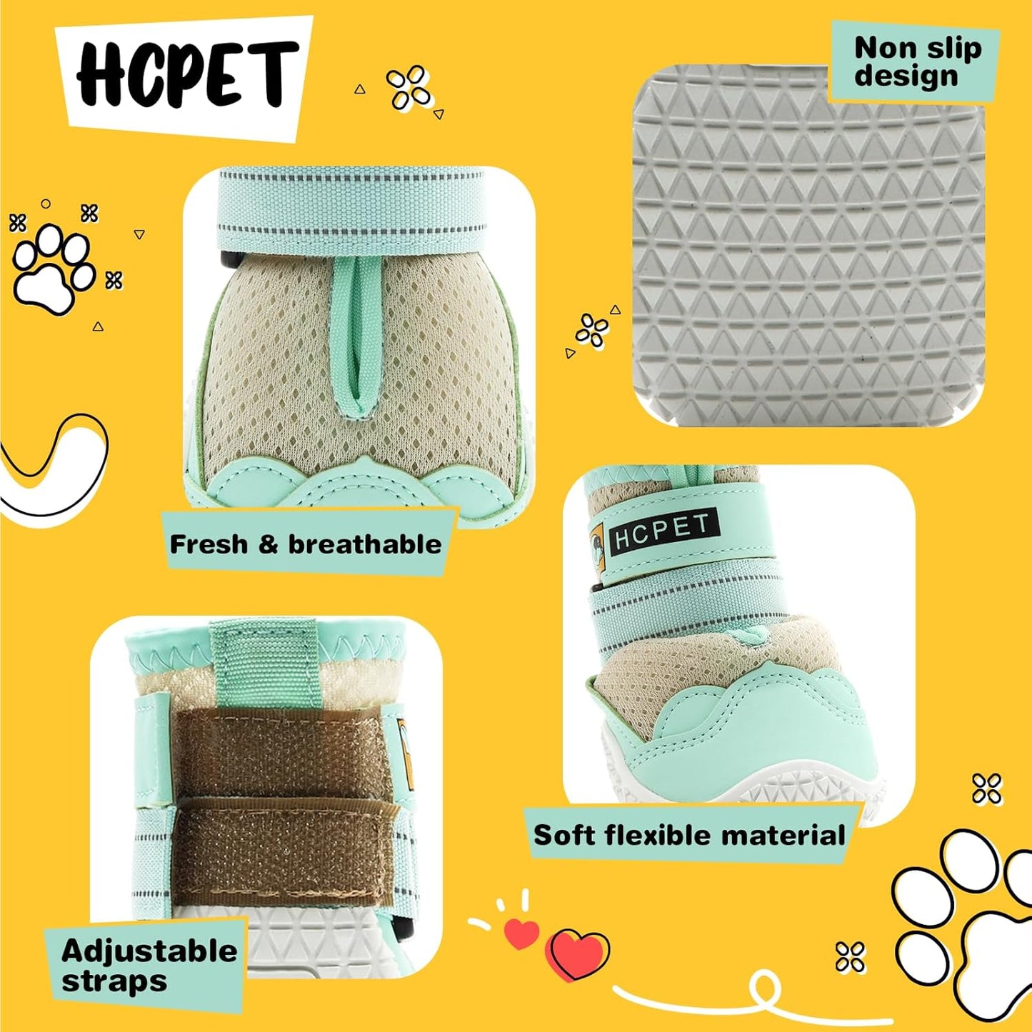 Hcpet Dog Shoes for Large Dogs, Breathable Dog Booties for Small Medium Dogs, Anti-Slip Dog Boots & Paw Protectors for Hot Pavement Winter Snow Hiking with Reflective Straps Green Size 4