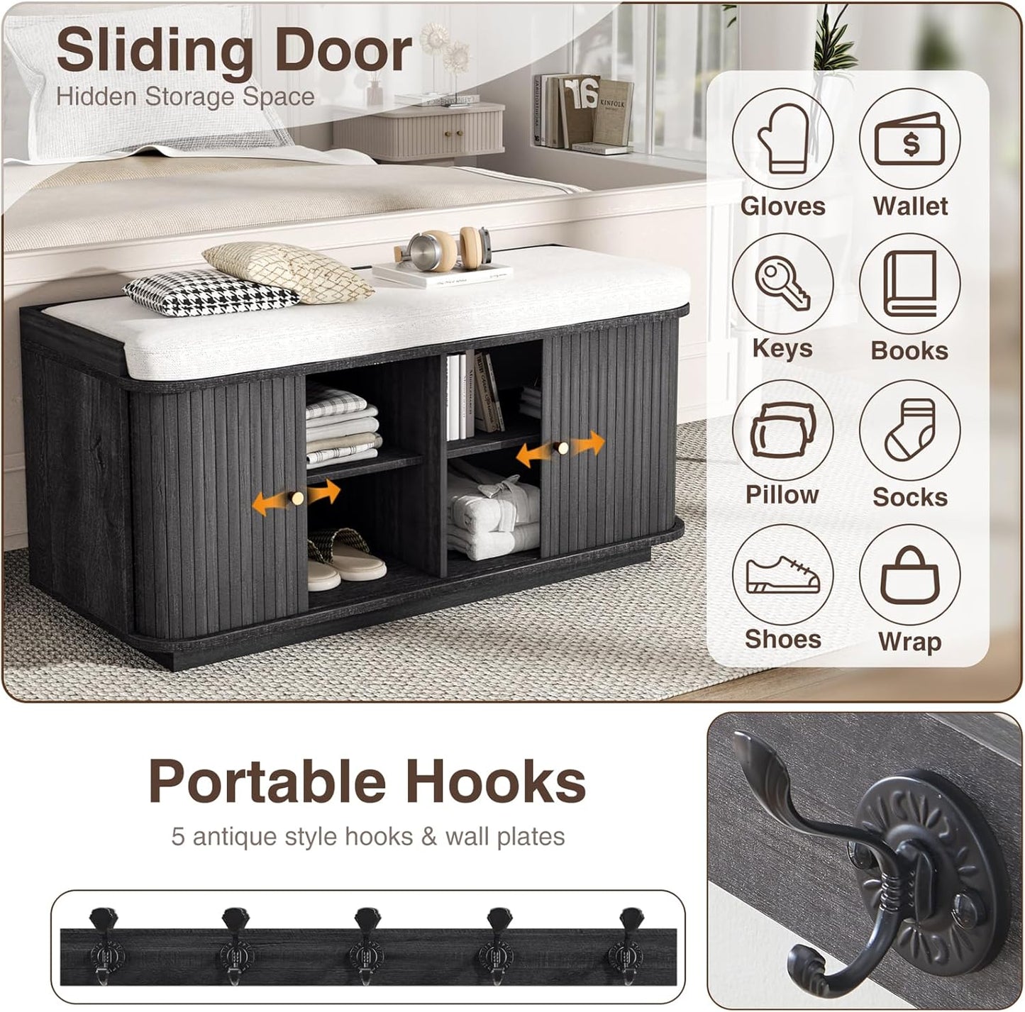 Dark Grey 39.4" W 2-Tier Shoe Bench with Storage | Entryway Bench with Padded Cushion, Sliding Doors & 5 Hooks