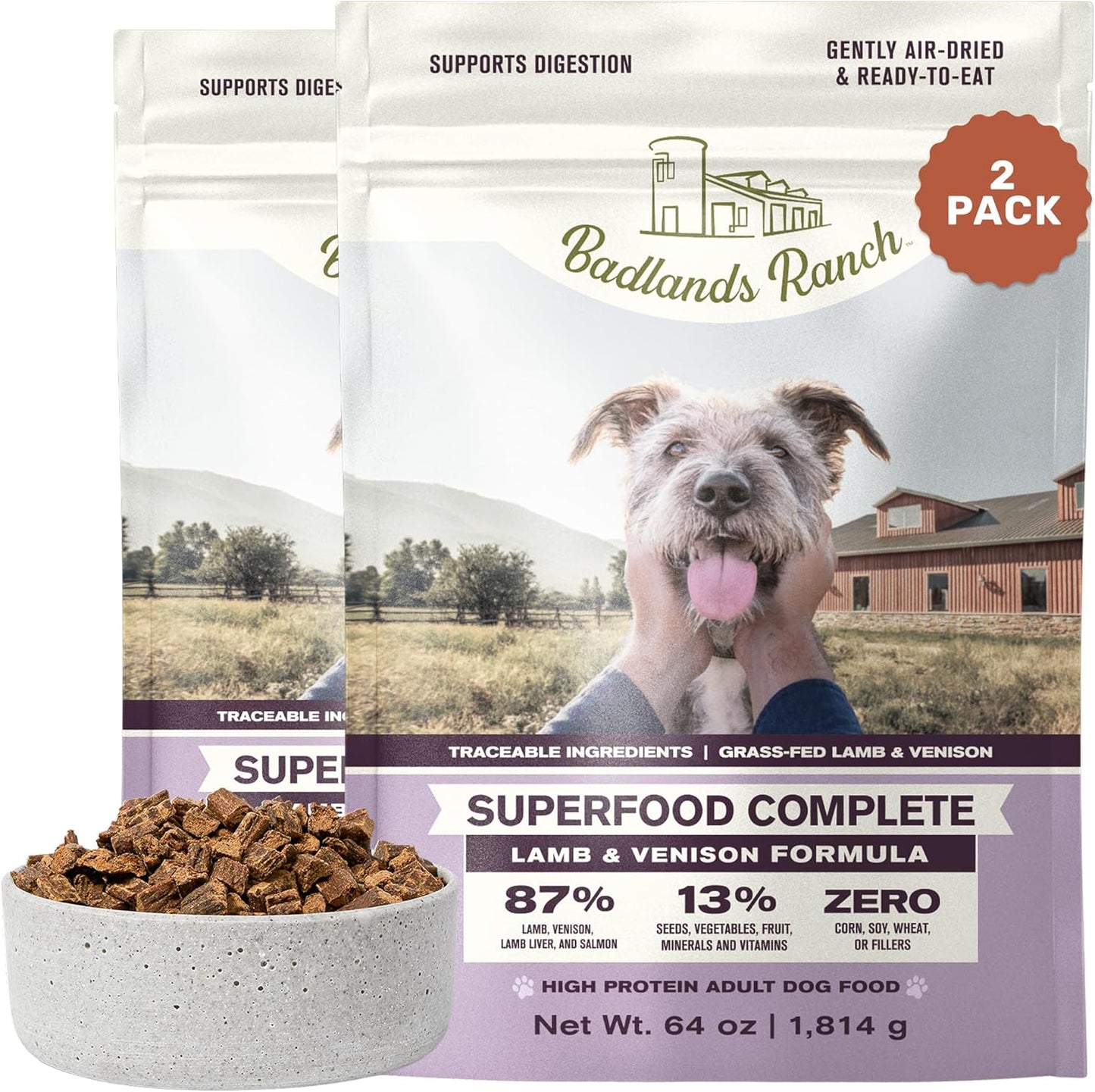 BADLANDS RANCH by Katherine Heigl- Superfood Complete, Air-Dried Adult Dog Food - High Protein, Zero Fillers, Superfood Nutrition (64 Ounce (Pack of 2), Lamb & Venison)