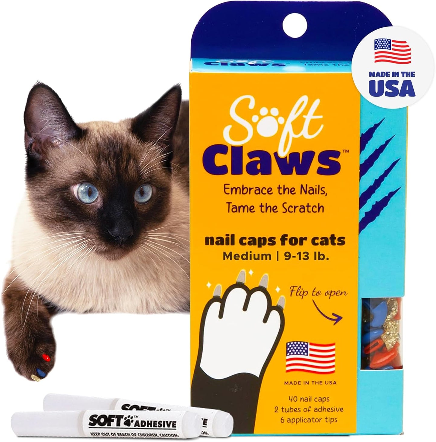 Soft Claws Cat Nail Caps for Medium Cats – (Red, Blue & Gold, 40 Caps) – Made in USA – Veterinarian-Developed | Scratch Protection, Easy to Apply, Long-Lasting Soft Nail Covers for Cats