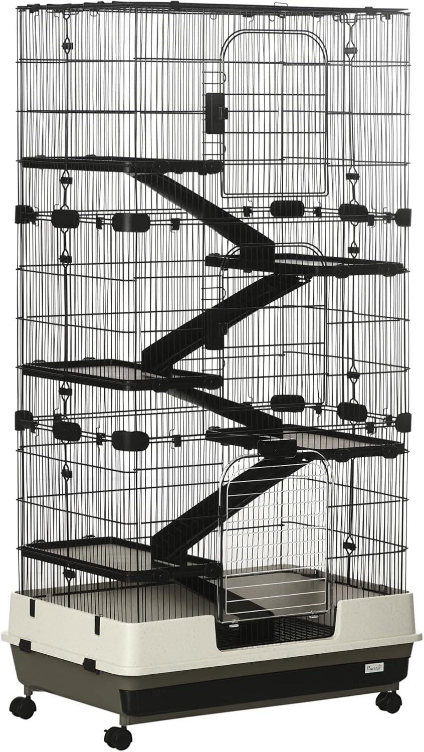 PawHut 59.5" Small Animal Cage with Wheels, 6-Level Portable Bunny Cage, Chinchilla Ferret Cage with Removable Tray, Platform and Ramp