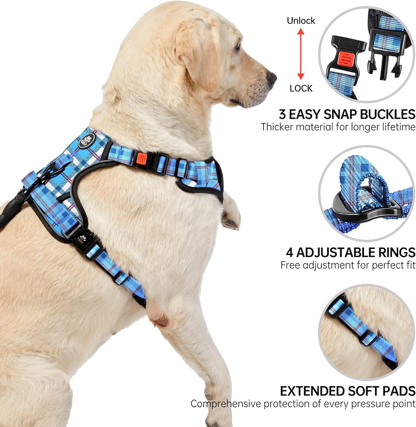 NESTROAD No Pull Dog Harness with Leash, Reflective No Choke Pet Vest Harness,Adjustable Soft Padded Dog Harness with Easy Control Handle for Small Dogs(Checkered Blue,Small)
