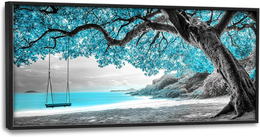Extra Large Framed Abstract Tree Wall Art,Black and White Tree of Life Wall Decor,Blue Teal Sea Pictures for Living Room,Canvas Print Painting Modern Artwork Bedroom Office Bathroom 60L x 30W