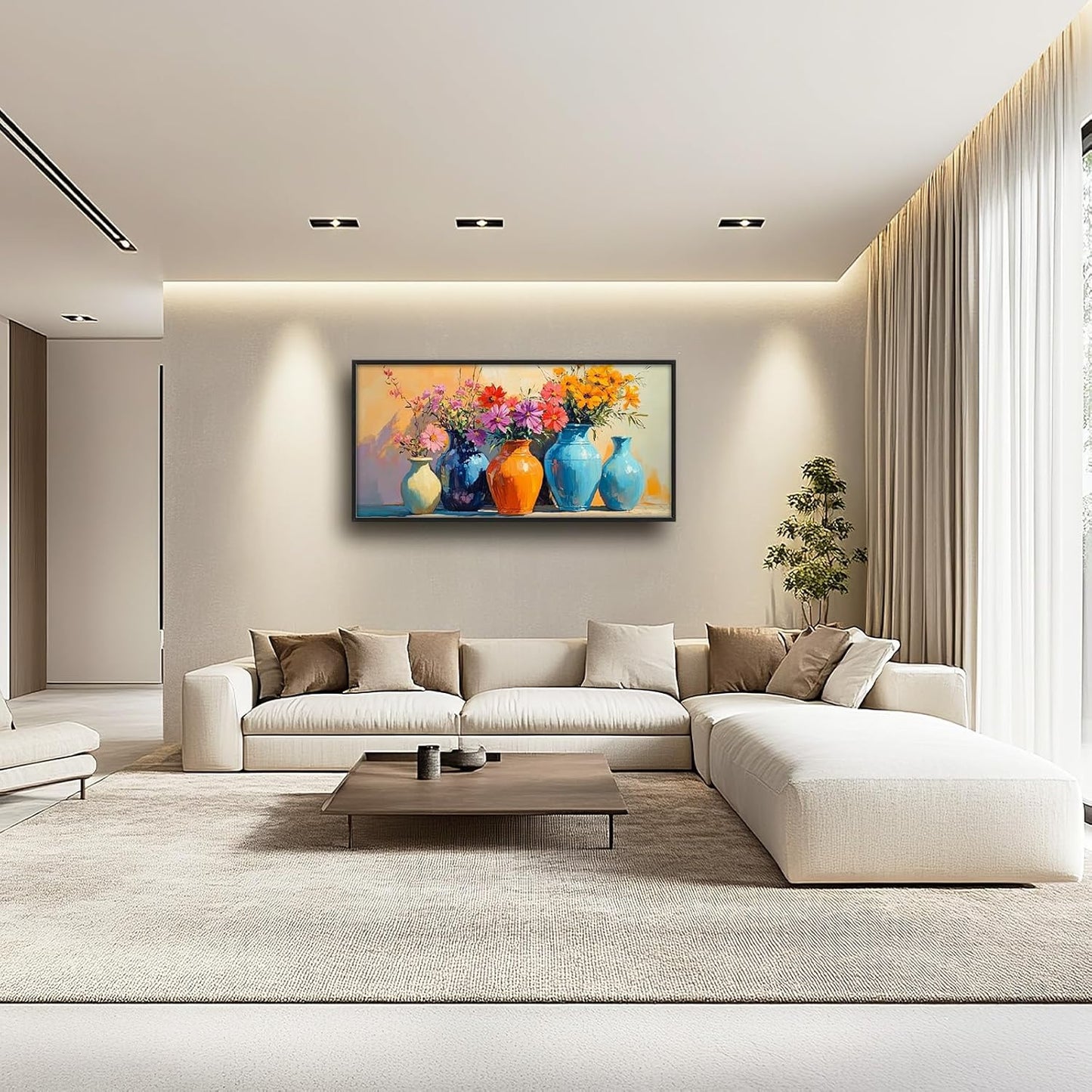 Large Colorful Floral Wall Art for Living Room, Framed Oversized Asian Flower Vase Decor Canvas Painting Sunlight Pictures Modern Artwork for Bathroom Bedroom Office Dining Room 60"x30"