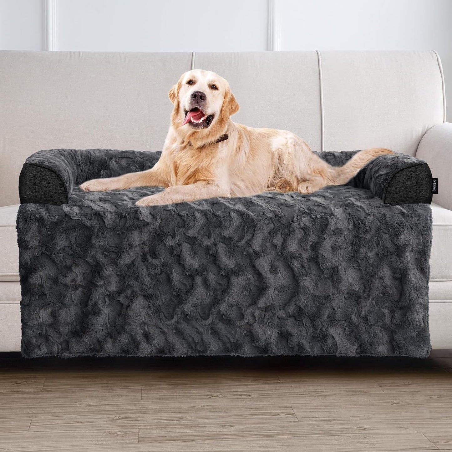 Calming Extra Large Dog Bed for Couch, 45 x 37 inch Removable Couch Cover for Dogs Washable, Non-Slip Fluffy Plush Dog Sofa Mat for Furniture Protector - Dark Grey