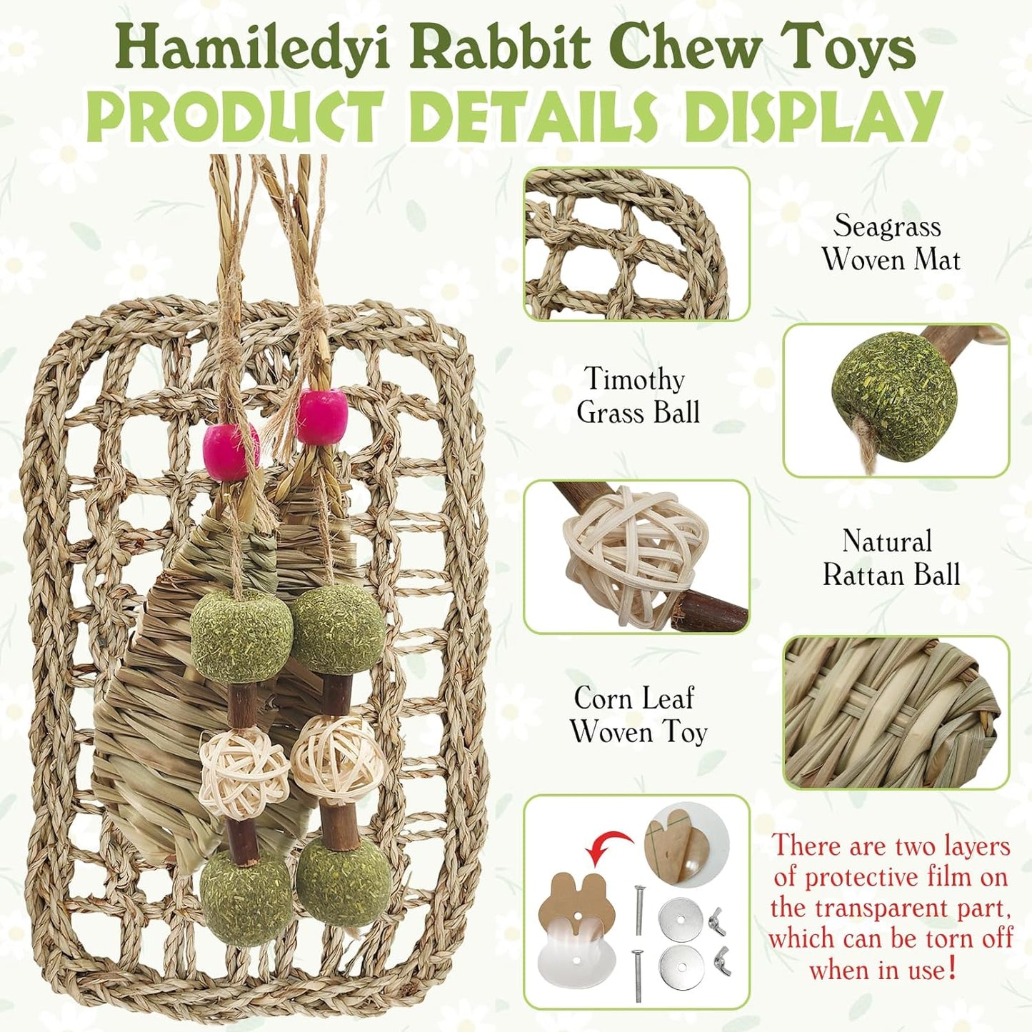 Hamiledyi Rabbit Seagrass Mat Hanging Bunny Chew Toys for Teeth Rabbit Enrichment Activity Mat Small Animal Toys for Guinea Pigs Chinchillas Gerbils Birds