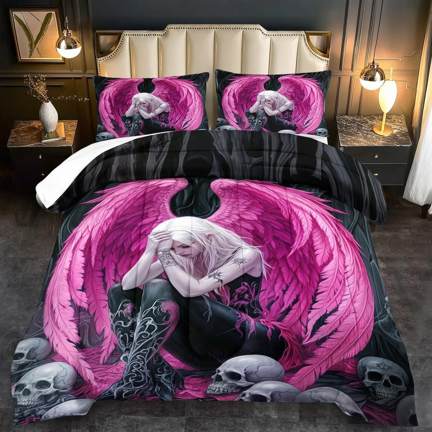Gothic Skull Comforter Set Queen for Adults,Angel Wings Bedding Set Pink for Girls,Sexy Angel Comforter Bedroom Decor Teen,Gothic Skull Bedding Decor Pink Wings Quilt