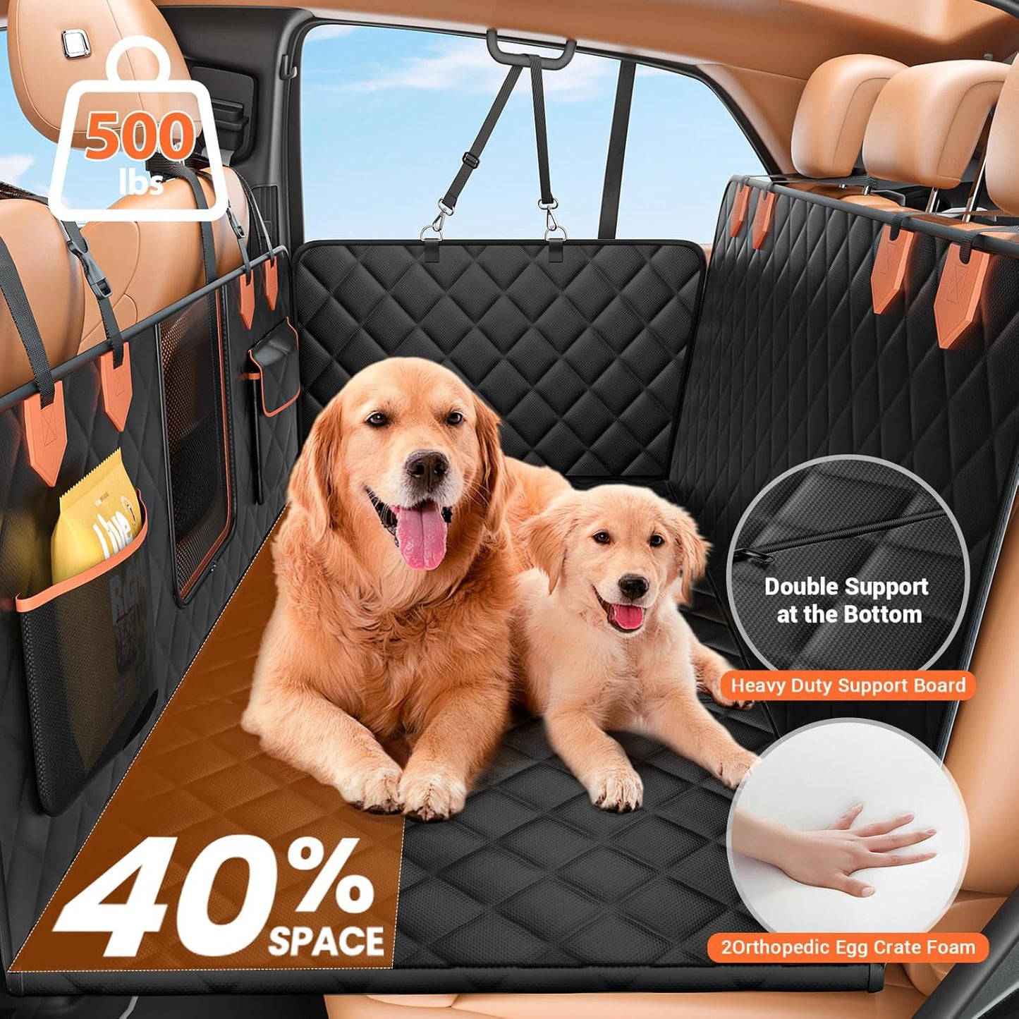 Hard Bottom Car Seat Cover for Dogs,Waterproof Dog Seat Cover for Back Seat Extender,Scratch-Proof and Anti-Slip Car Dog Hammock for Large Dogs SUV,Black(Holds 500 Lbs)