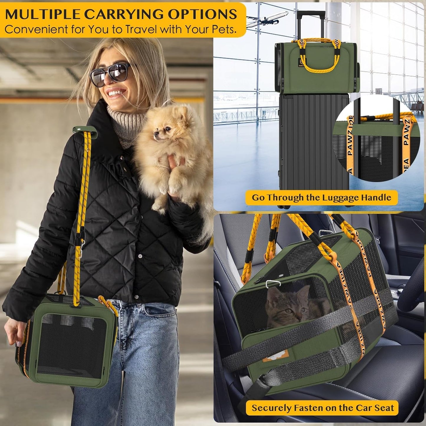 PAWZIDEA Expandable Pet Carrier w/ID Card, 18x11x11 in Small Dog Carrier TSA Airline Approved, Top Load Cat Carrier for 2 Cats Under Seat, Soft-Sided Collapsible Puppy Car Seat Dog Travel Bag, Up 15lb