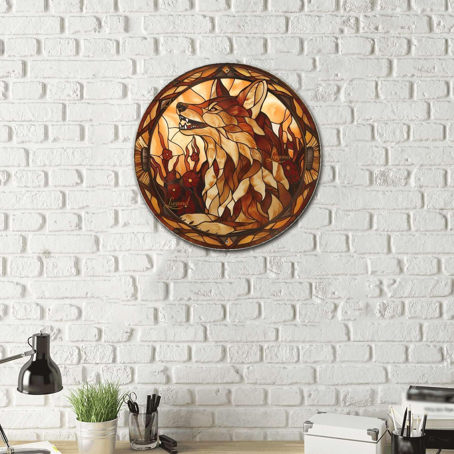 Lygond Metal Sign Tin Sign Circular Stained Glass Coyote Bar Signs for Home Decor for Club 12×12 Inches
