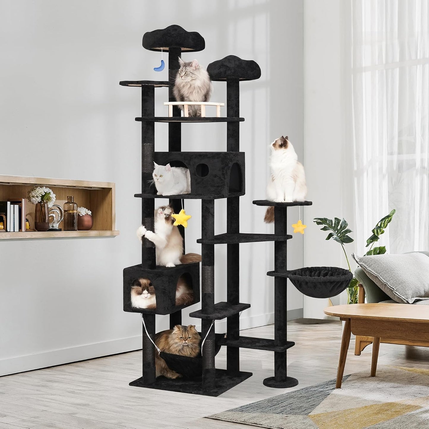 85inch Giant Cat Tree for Heavy Duty Big Cats, Multi-Level Luxury Cat Tower with Scratching Post, Cat Condo with Hammocks & Plush Perches for Indoor Cats Large Adult, Black