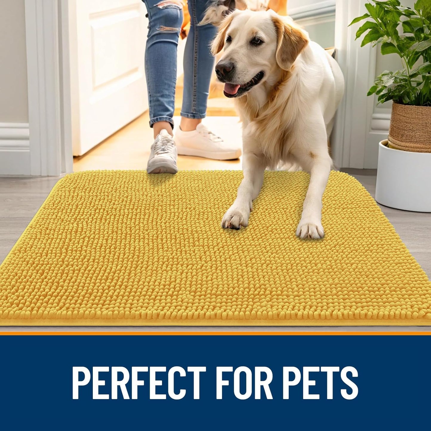 OLANLY Dog Door Mat for Muddy Paws 59x35, Absorbs Moisture and Dirt, Absorbent Non-Slip Washable Doormat, Quick Dry Chenille Mud Mat for Dogs, Entry Indoor Entryway Carpet for Inside Floor, Yellow