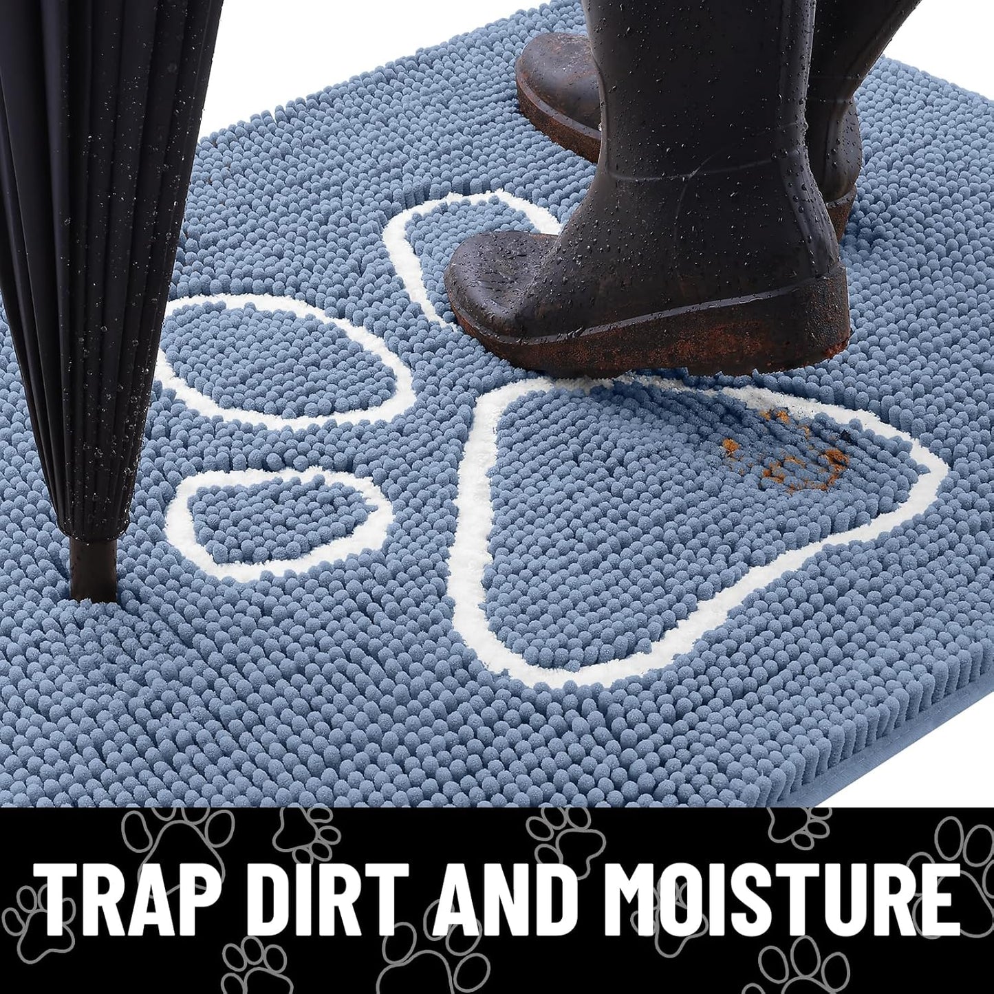 Smiry Dog Door Mat for Muddy Paws, Absorbent Dirt Trapper Non Slip Quick Dry Washable Chenille Mat for Mud Dogs, Entry Rug for Indoor and Outdoor (48x30 Inches, Airy Blue and White)