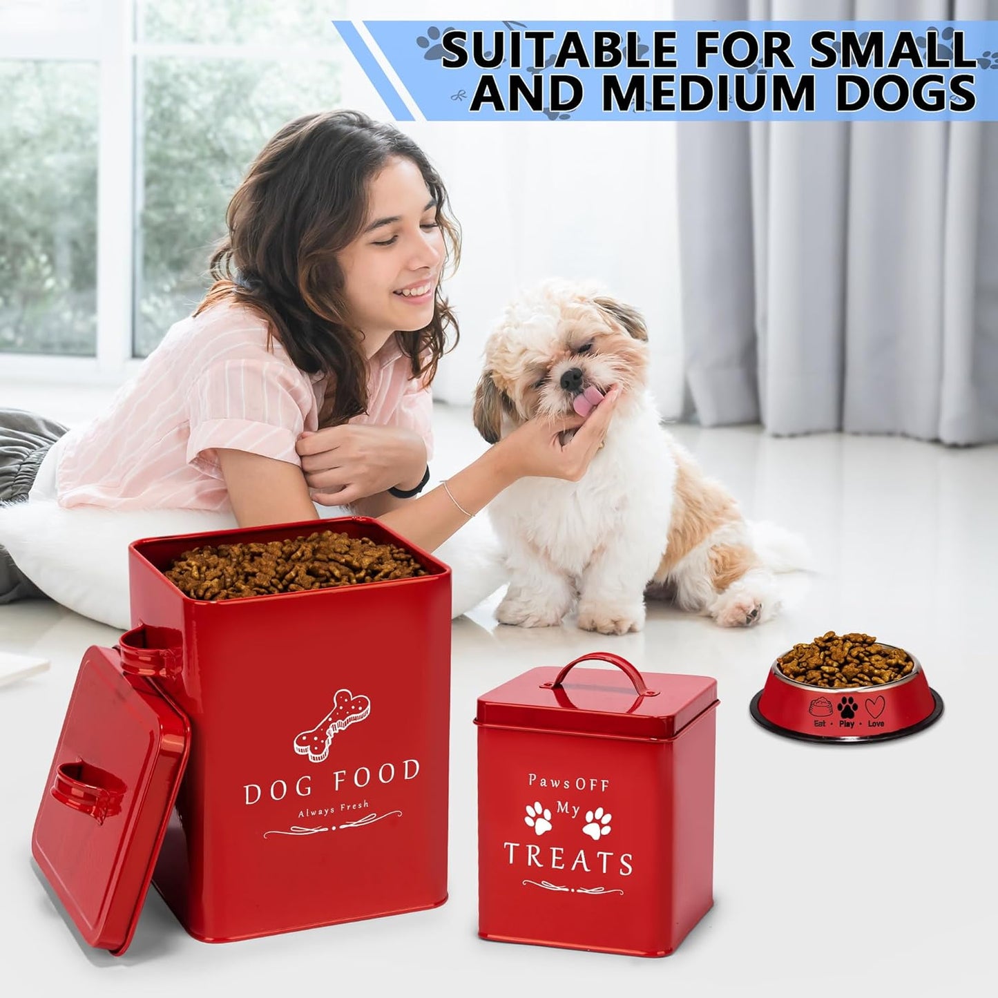 Meraki Home Dog Food Bin & Treats Container - Lateral Handles and Tight Lids - Feed Scoop - Premium Glossy Red Pet Food Bowl -Large Farmhouse Metal Storage Bin - Great Gift for Cute Pets (Glossy Red)