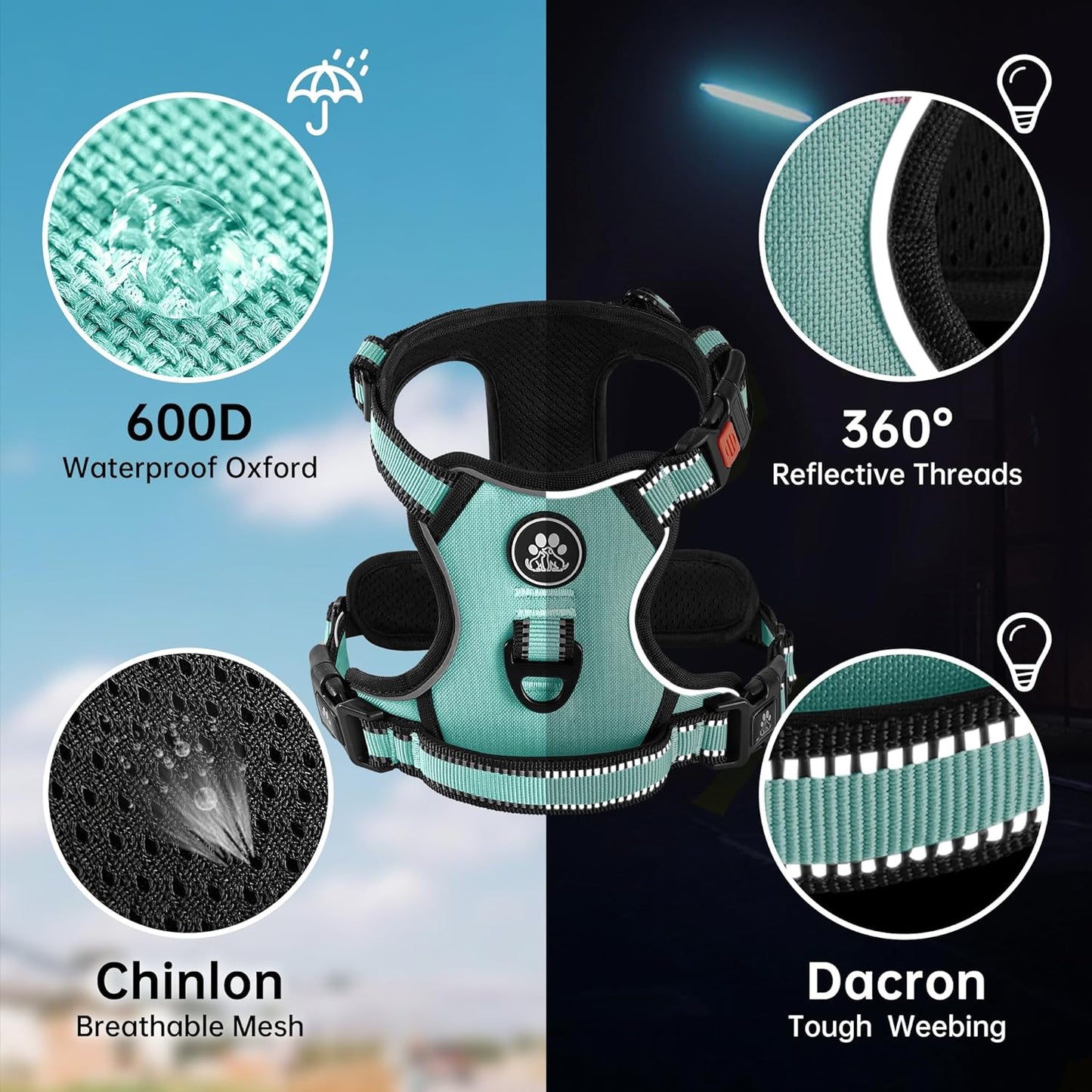 NESTROAD No Pull Dog Harness,Adjustable Oxford Dog Vest Harness with Leash,Reflective No-Choke Pet Harness with Easy Control Soft Handle for Medium Dogs(Medium,Turquoise)