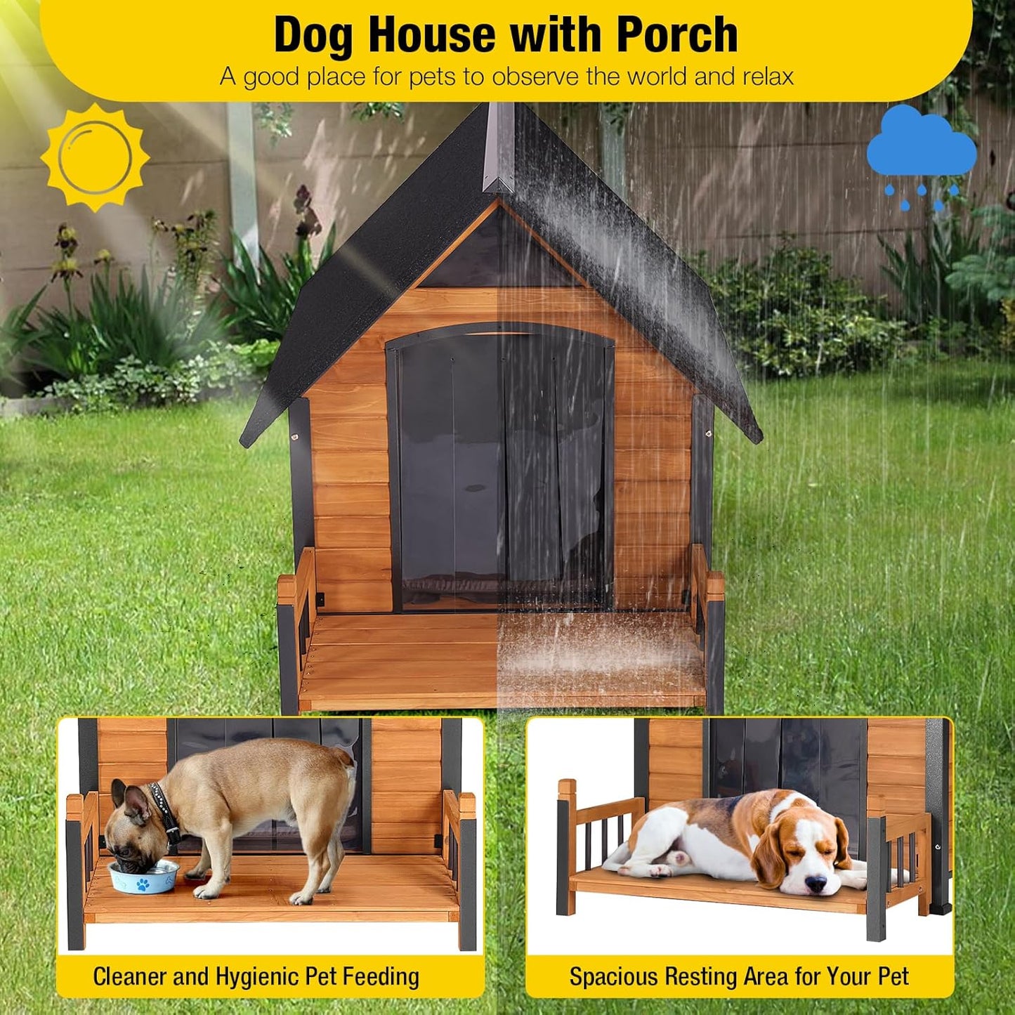 Outdoor Heated Dog House with All-Around Insulated Liner Weatherproof Puppy Shelter Indoor Dog Kennel, Anti-Bite Dog Home for Large Breed with Porch (Brown-2, 50.8" D x 37.4" W x 37.2" H)