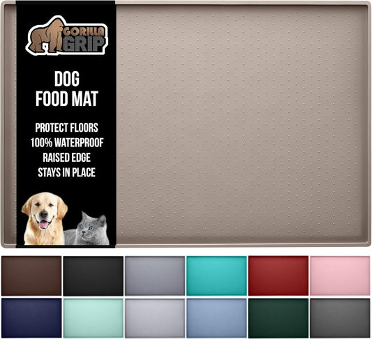 GORILLA GRIP 100% Waterproof Raised Edge BPA Free Silicone Pet Feeding Mat, Dog Cat Food Mats Contain Spills Protects Floors, Placemats for Cats and Dogs Water Bowl, Pets Accessories 16x10, Beige