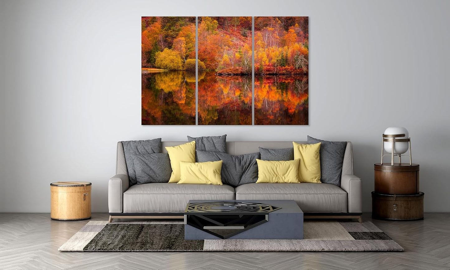 Nature Wall Art Prints - Ocean Forest Mountain Lake Canvas Landscapes - Small to Extra Large Living Room Bedroom Kitchen Bathroom Décor (Autumn Forest with Lake, 39L" x 59W" - 3 Panels)