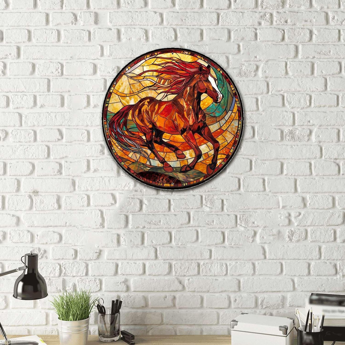 Lygond Metal Sign Tin Sign Circular Stained Glass American Mustang Bar Signs for Home Decor for Garden 12×12 Inches