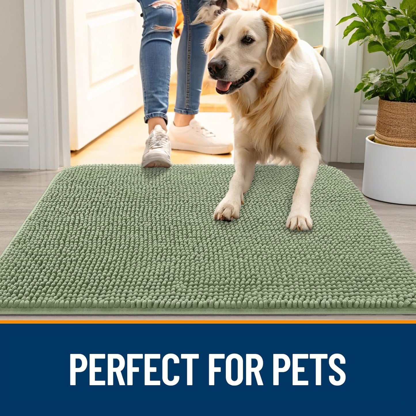 OLANLY Dog Door Mat for Muddy Paws 44x24, Absorbs Moisture and Dirt, Absorbent Non-Slip Washable Doormat, Quick Dry Chenille Mud Mat for Dogs, Entry Indoor Entryway Carpet for Inside Floor, Sage Green