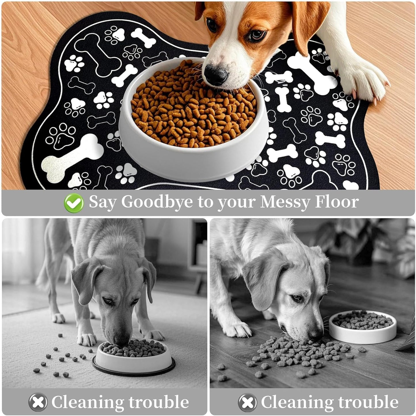 Dog & Cat Food Mat Bone Shaped Pet Feeding Mat Quick Absorb Water Bowl Placemat with Rubber Backing Indoor Floor Stain Resistant Pet Accessory Supplies (Black, 16x24 Inches)