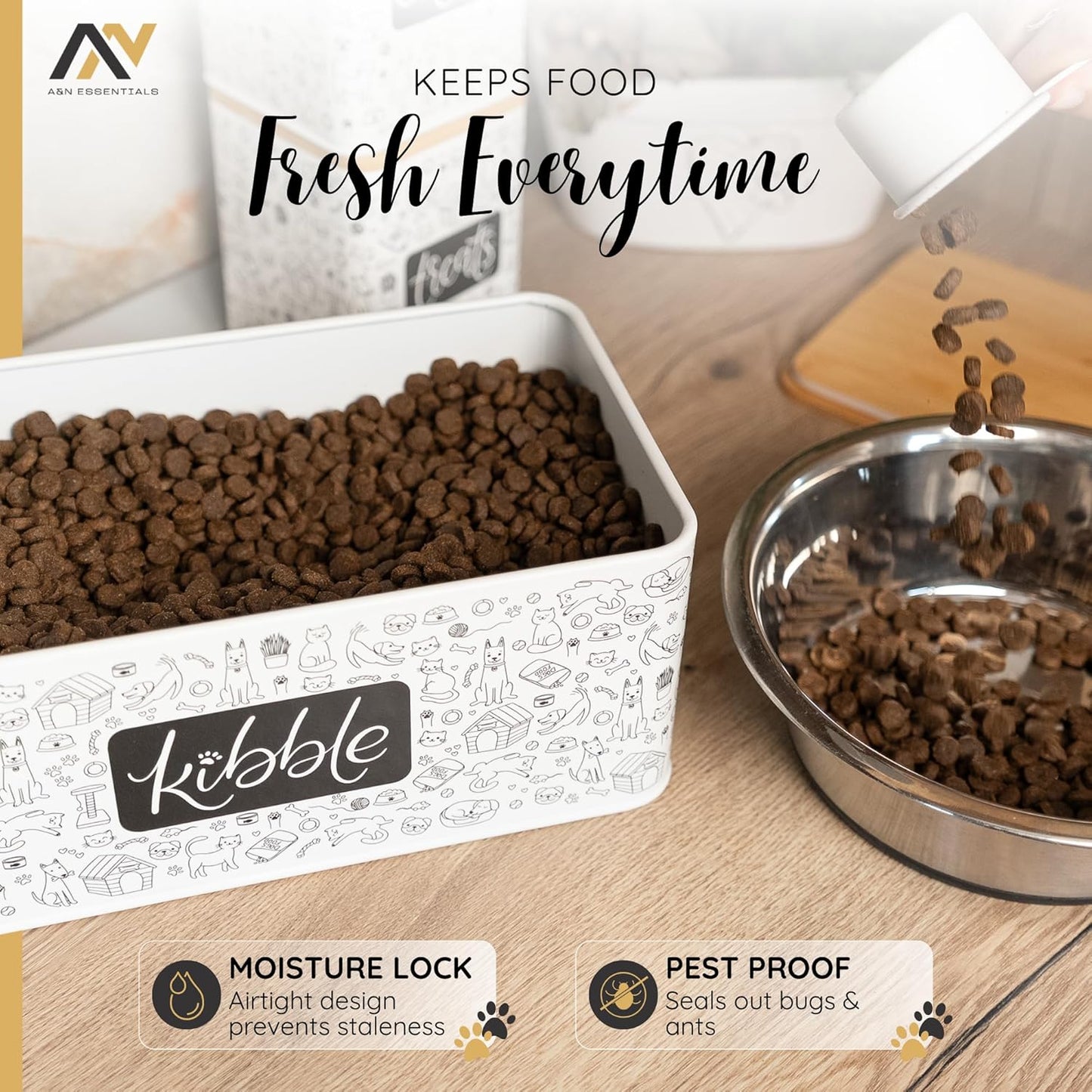 A&N Essentials 3-Piece Pet Food Storage Container Set – Airtight Galvanized Steel with Bamboo Lids – Holds Up to 6 lbs Kibble & 6 Cups Treats for Dogs & Cats