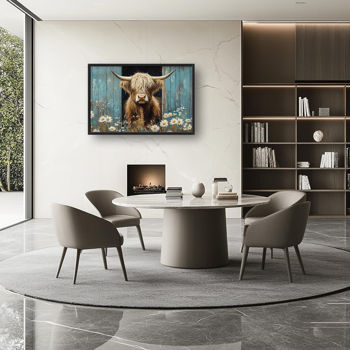 Large Farmhouse Highland Cow Country Wall Art for Living Room, Floral Canvas Oversized Wall Decor, Daisy Flower Animal Framed Pictures Painting Print Artwork for Bedroom Office 36"L x 24"W