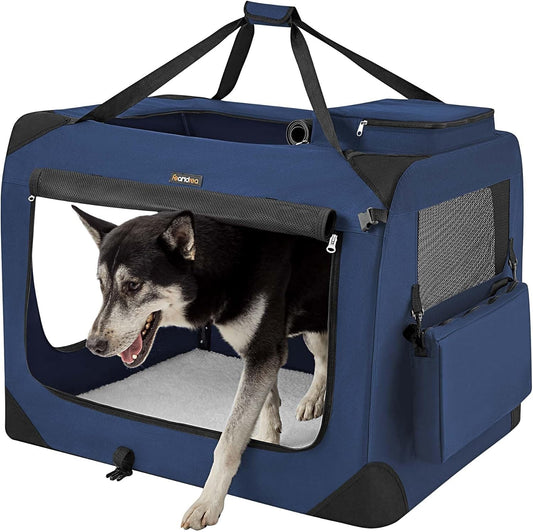 Feandrea 36 Inches Collapsible Soft Dog Crate, Portable Travel Dog Crate for Indoor and Outdoor Use, Dog Carrier Kennel with Safety Zippers, for Living Room, Car, Travelling, Campin, Dark Blue UPDC90Z