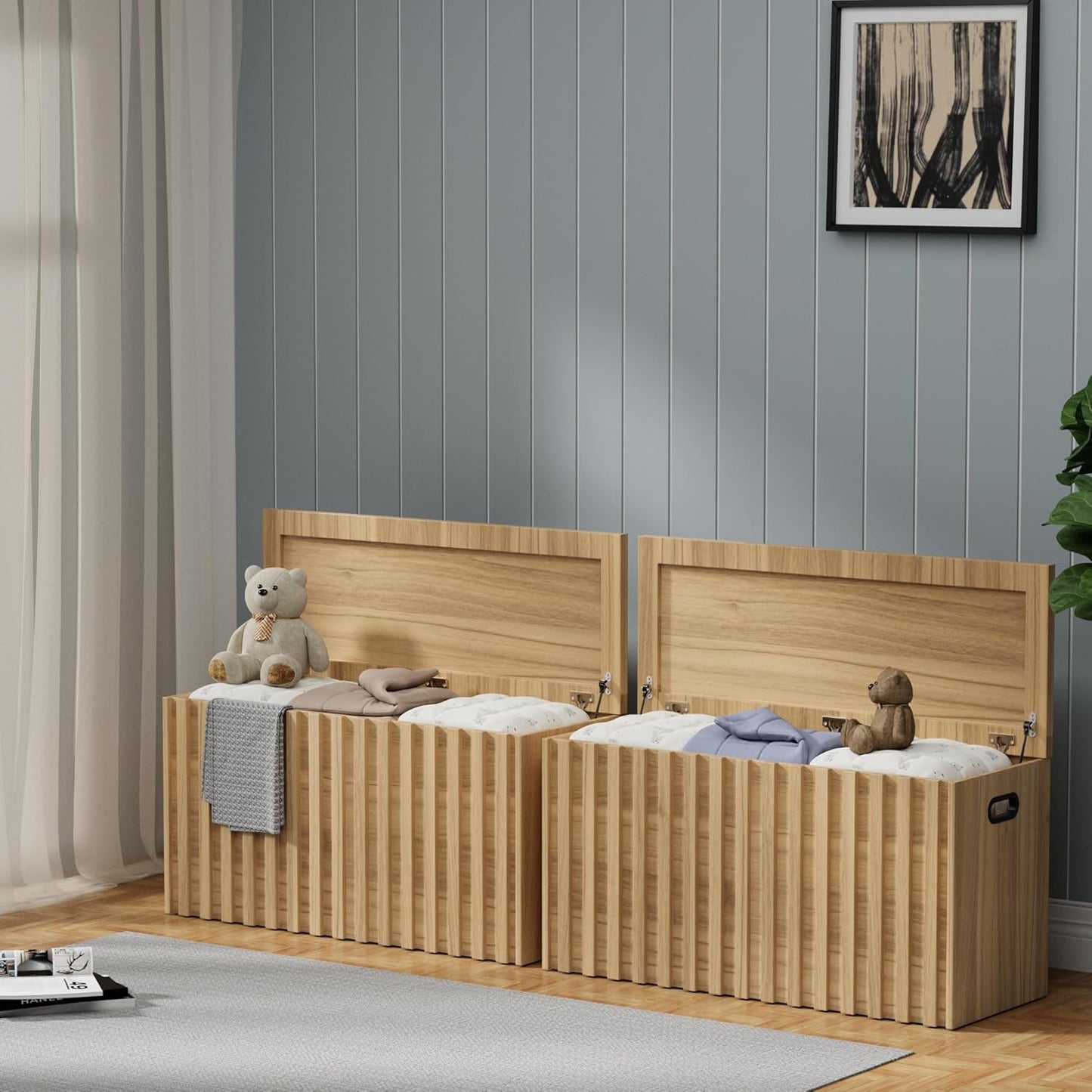 UEV Storage Bench Set of 2, 39.4" Wood Box, Storage Trunk with 2 Safety Hinges, Ottoman Storage Chest Set of 2, Fluted Storage Bench for Bedroom, Shoe Bench for Bedroom, Living Room (Natural Wood)